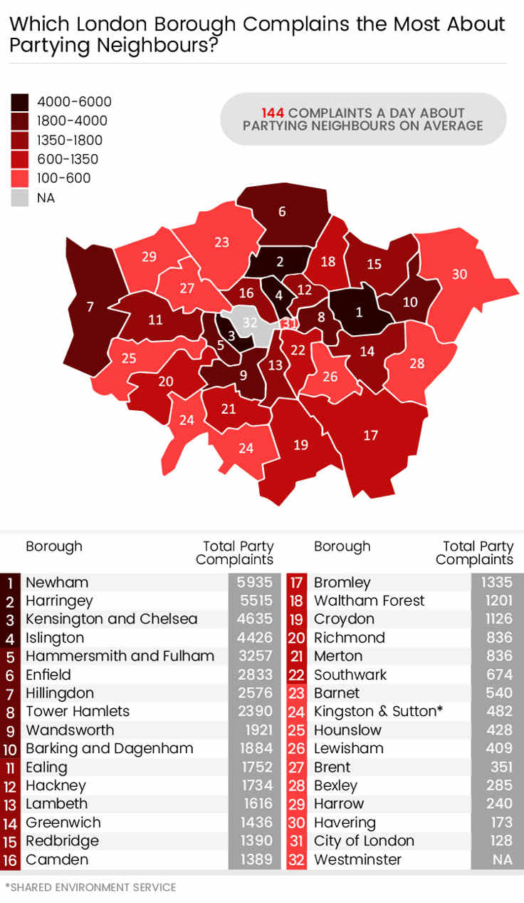 London map of boroughs that have the most parties
